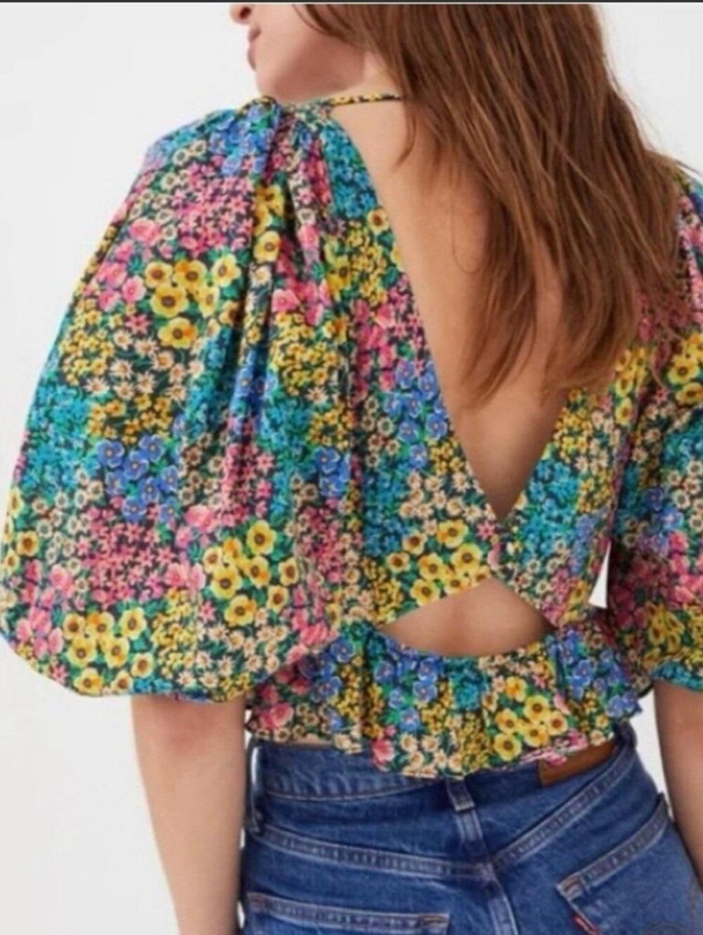 For Love & Lemons Floral Puff-Sleeve Crop Top in Pink, Yellow, Blue